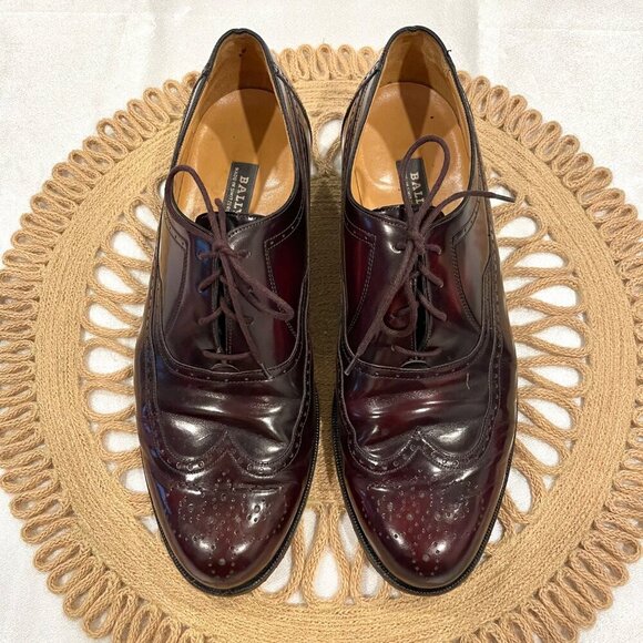 BALLY Wingtip Mens Oxford Shoes Ledar Leather Burgundy Size 10D - Picture 2 of 9